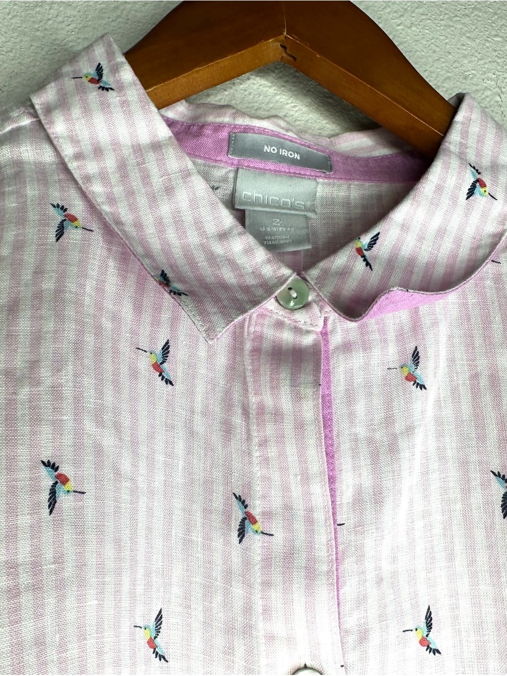 Chico’s No Iron 100% Linen Pink Stripe Birds Button Front Shirt 3/4 Sleeve Sz L - Picture 4 of 8